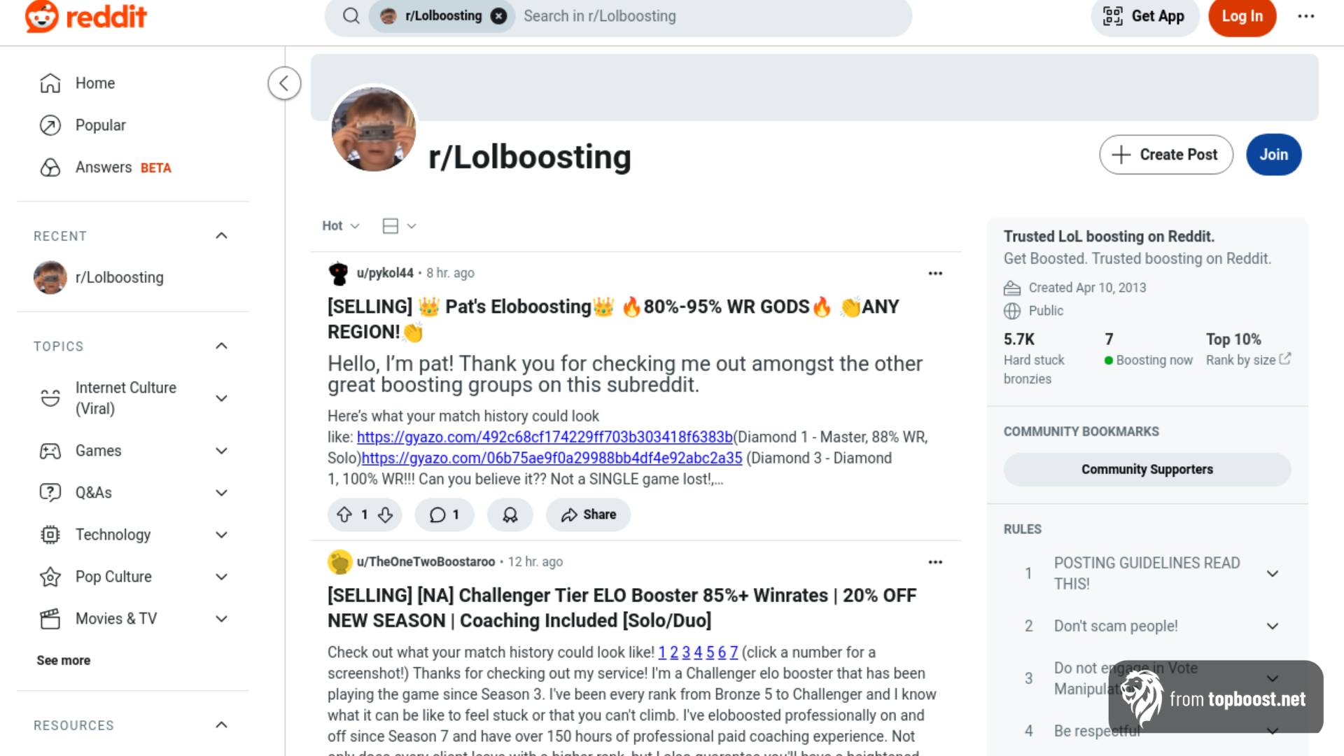 Reddit Elo Boost community screenshot